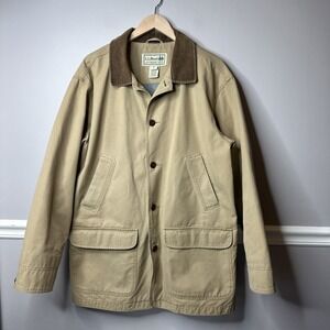 LL Bean Barn Chore Coat Men's Large R Tan Jacket 90s Hunting Corduroy Collar